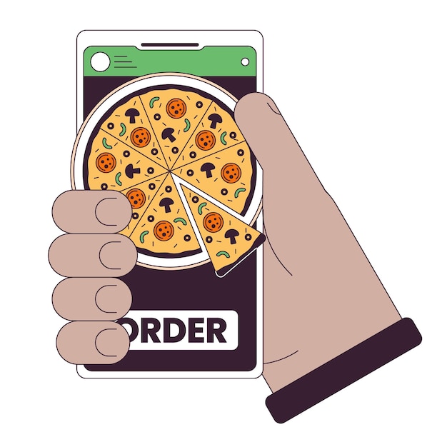 Vector ordering pizza by smartphone flat line concept vector spot illustration hand holding phone food ordering app 2d cartoon outline hand on white for web ui design editable isolated color hero image