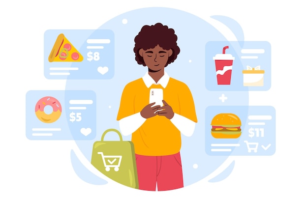 Vector orders food online concept woman with smartphone buy takeaway and fast food junk eating donut slice