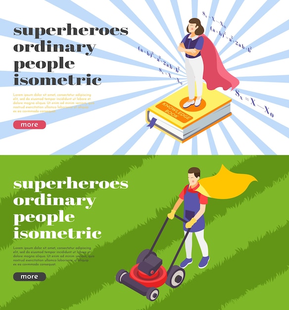 Шаблон веб-баннеров обычных людей супергероев с учителем естественных наук и садовником в накидке