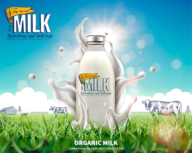 Vector organic bottle milk ads with splashing liquid on grassland