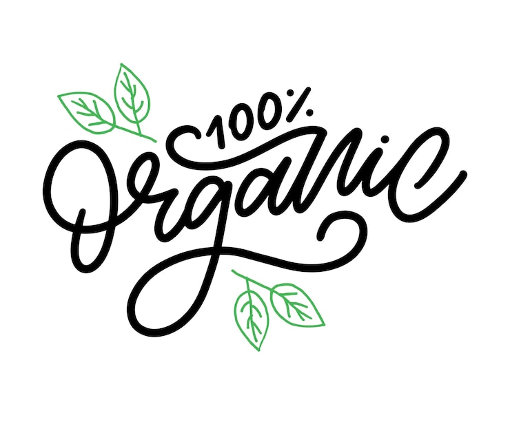 Vector organic brush lettering. hand drawn word organic with green leaves. label, logo template for organic products, healthy food markets.