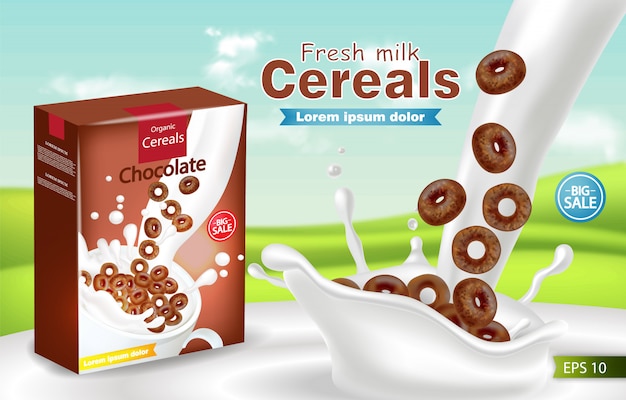 Organic cereals in milk splash realistic mockup