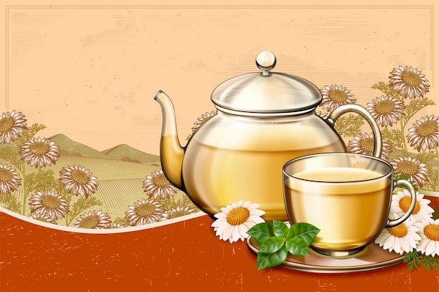 Organic chamomile tea ads with glass teapot set on retro engraving floral fields , copy space for design uses