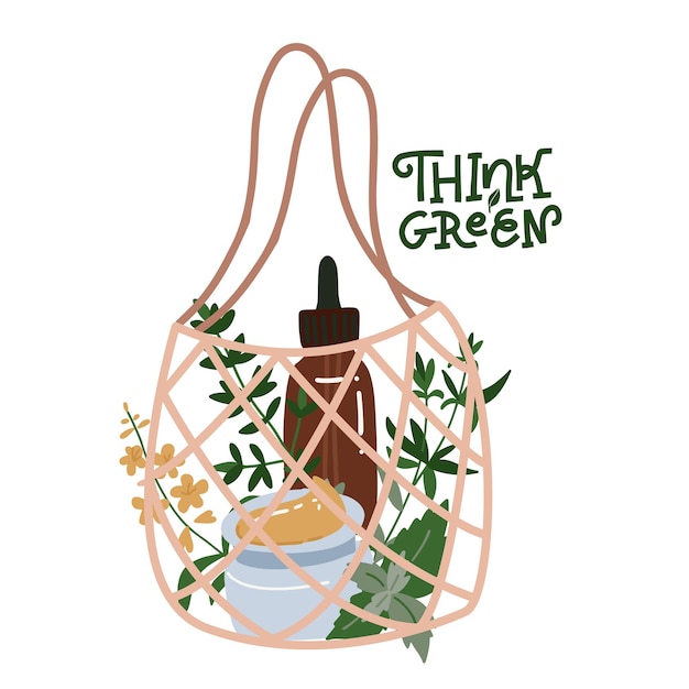 Vector organic cosmetic bottles and tubes in shopping net bag. flat hand drawn illustration.