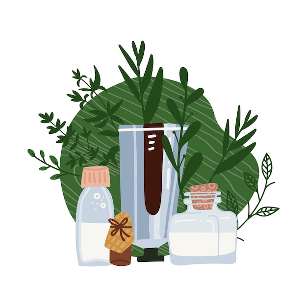 Vector organic cosmetic concept - bottles and tubes, plants and herbs.