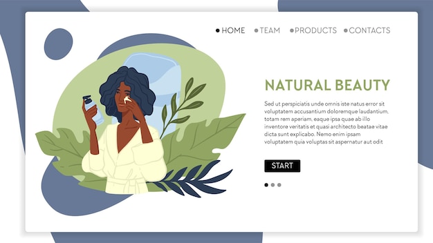 Vector organic cosmetics and beauty products for women. skincare and treatment for ladies. girl in robe applying cream looking at mirrors. website or web page landing template, vector in flat style