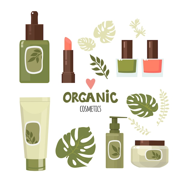 Vector organic cosmetics set. cream, lipstick, nail polish, etc. flat design.