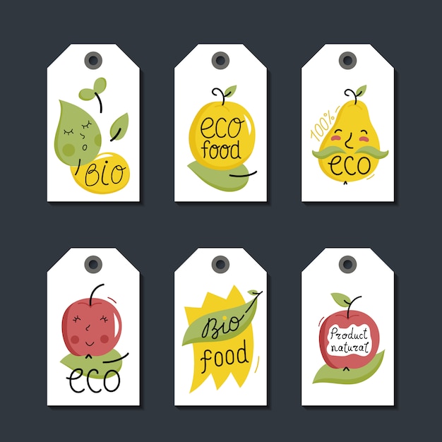 Set di etichette di alimenti biologici, eco e bio.