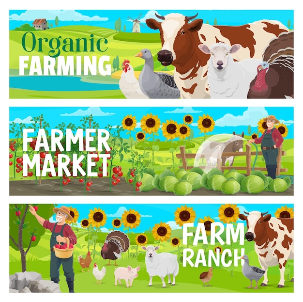 Vector organic farm and market animals orchard veggies