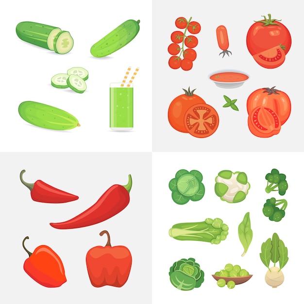 有機農場ビーガンフードのイラスト。健康的なライフスタイルのデザイン要素。野菜は漫画風のアイコンを設定します。