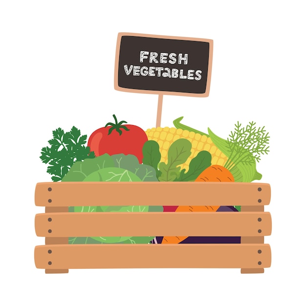 Organic farm vegetables in a wooden box.  illustration isolated on white background.