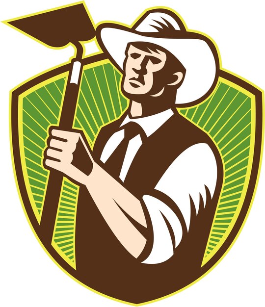 Premium Vector | Organic farmer holding grab hoe shield