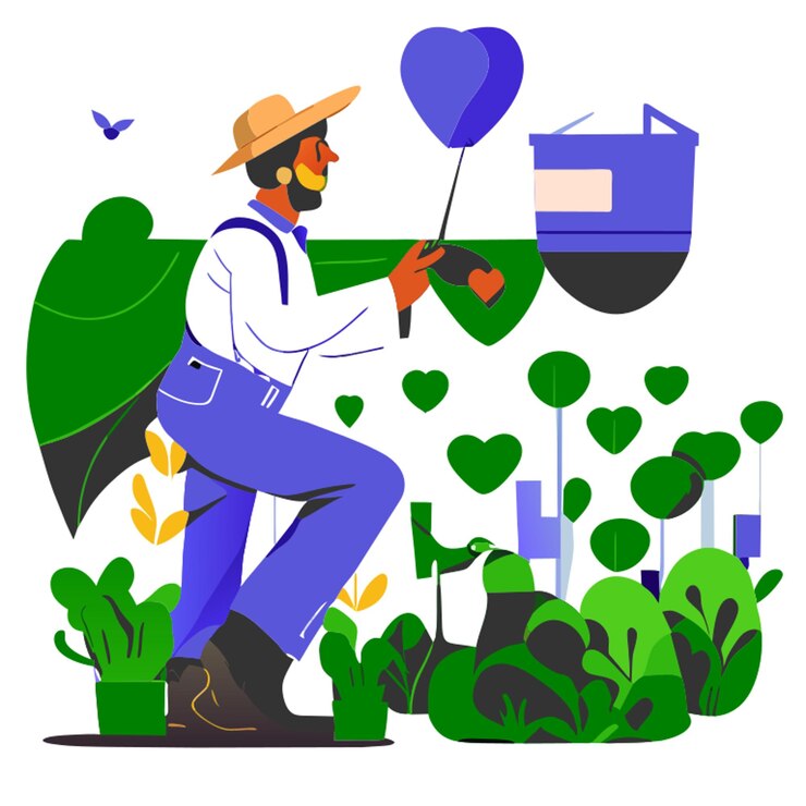 Vector organic farming farmer inspecting crops with love vector illustration flat 2