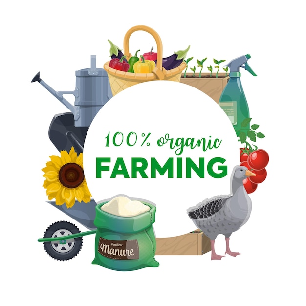 Vector organic farming products and tools round banner