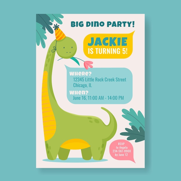 Organic flat dinosaur birthday invitation template