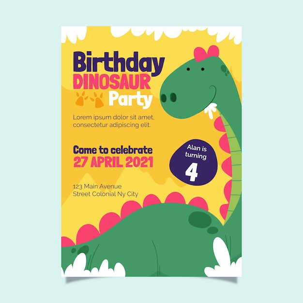 Vector organic flat dinosaur birthday invitation