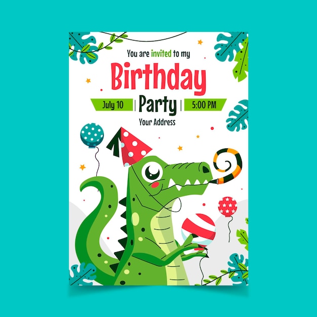 Vector organic flat dinosaur birthday invitation