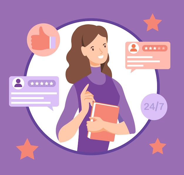 organic flat feedback girl reads reviews positive assessment of goods and services successful