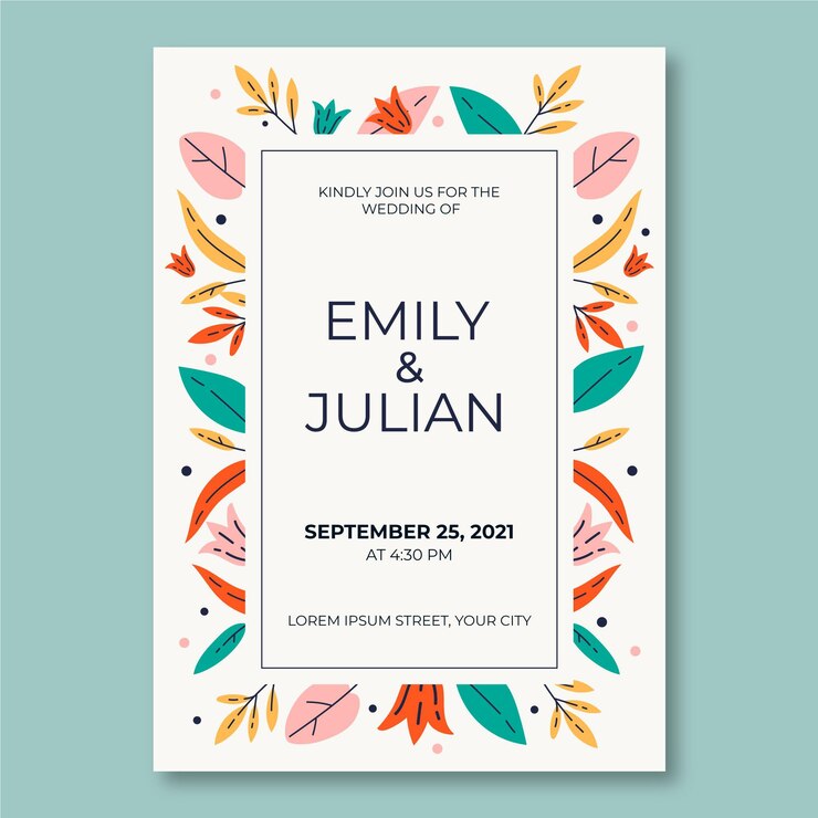 Vector organic flat floral wedding invitation template