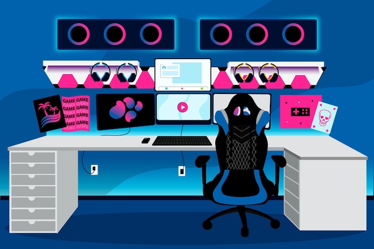 Vector organic flat gamer room illustration