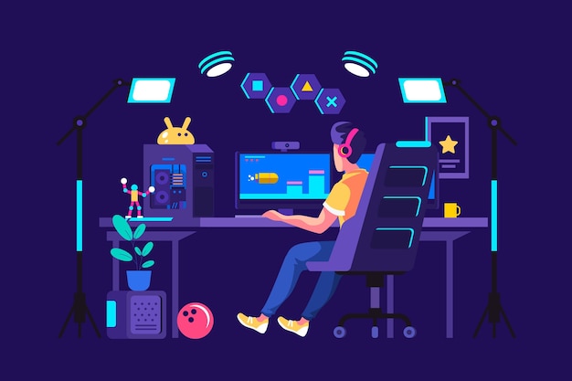 オーガニック・フラット・ゲイマー・ルームのイラスト