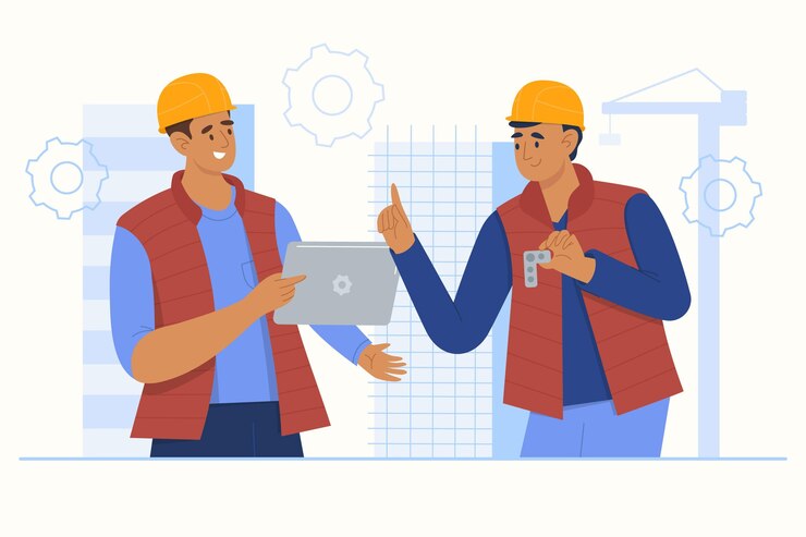 Vector organic flat illustration engineers working on construction