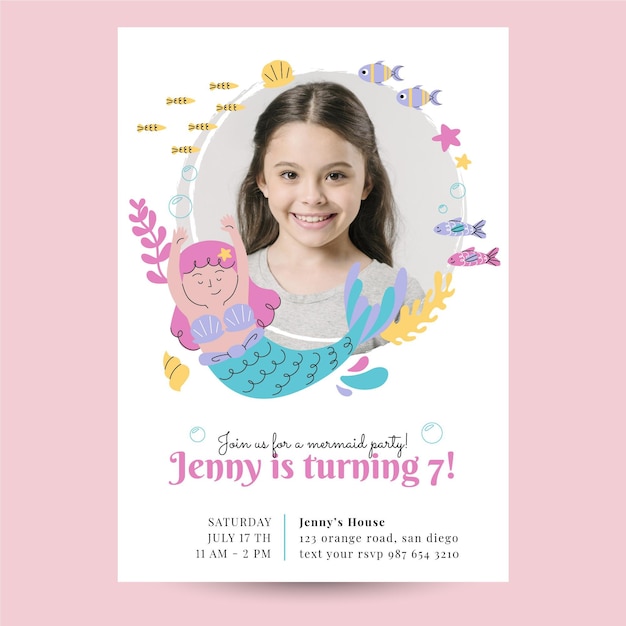 Vector organic flat mermaid birthday invitation template with photo