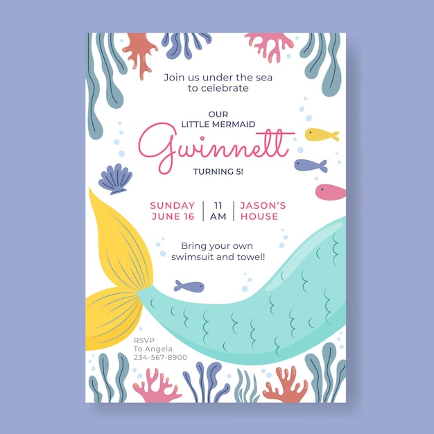 Vector organic flat mermaid birthday invitation template