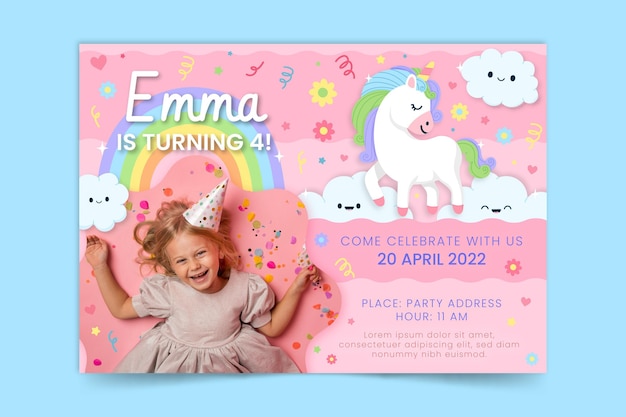 Vector organic flat unicorn birthday invitation with photo