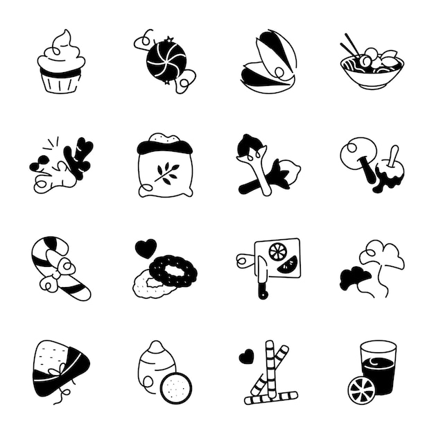 Vettore icone disegnate a mano di alimenti e dolci biologici