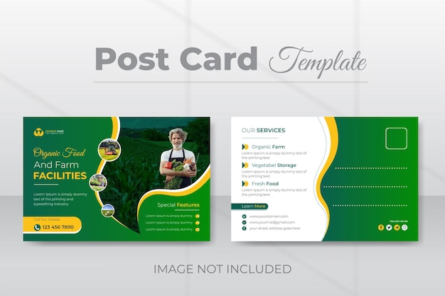 Organic food and farm facilities for postcard design template