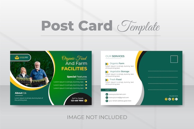 Organic food and farm facilities for postcard design template