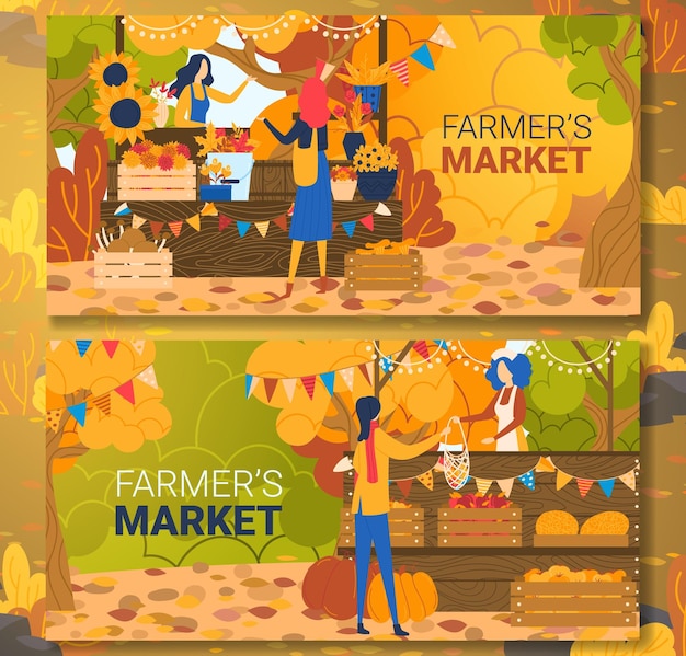 Organic food farmer market set healthy vegetable banner green agriculture farm design in cartoon