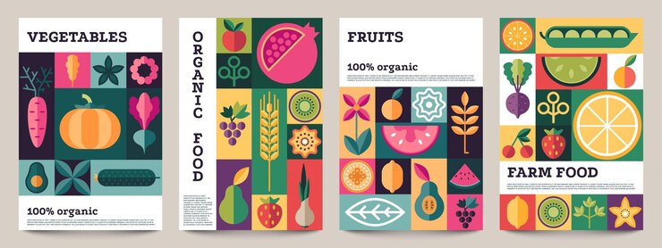 Vector organic food geometric poster minimal abstract layout of nature organic vegetables for food label or package vector vegan brochure cover collection
