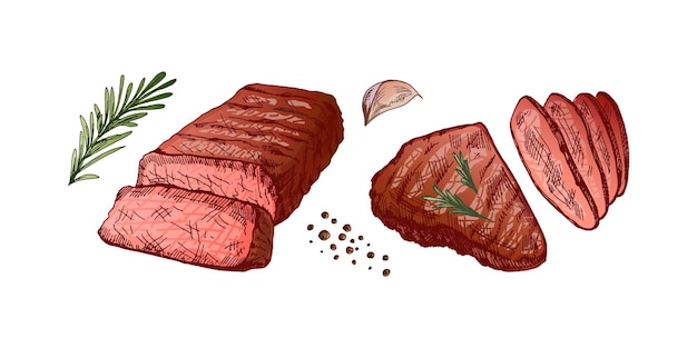 Vettore alimenti biologici schizzo vettoriale colorato disegnato a mano di bistecche di manzo alla griglia pezzi di carne con rosmarino