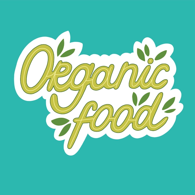 Organic food hand drawn flat lettering isolated on green background Farmers market vector logo