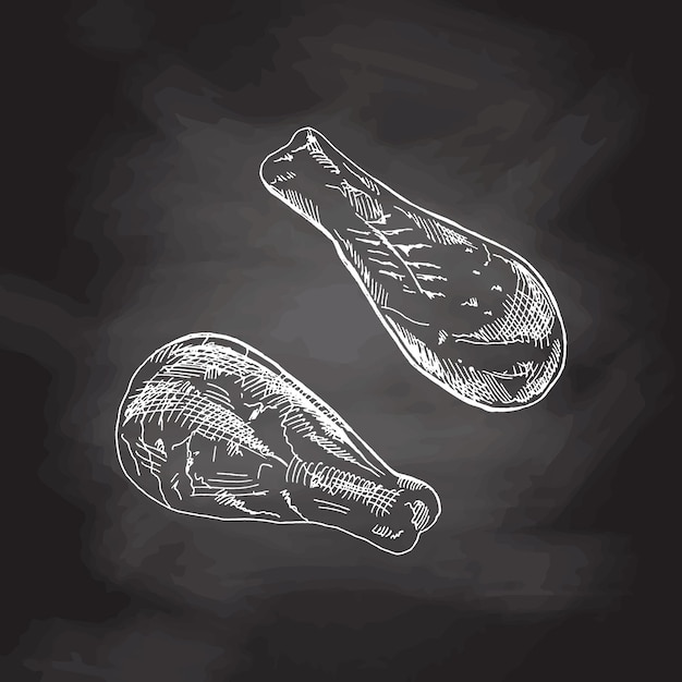 Органическая еда Ручно нарисованный ретро-стиль векторный эскиз жареных куриных ног Дудл винтажная иллюстрация на фоне доски гравированное изображение