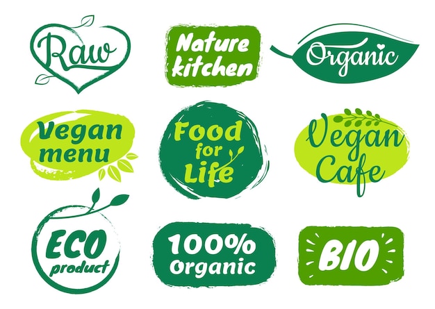 유기농 식품 라벨 소매점용 채식 제품 카페 또는 레스토랑의 채식 메뉴 바이오 농장 또는 생태 시장 친환경 재료 격리 벡터 세트가 포함된 패키지용 녹색 배지
