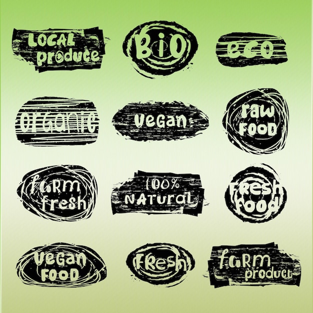 Organic food labels for eco and bio natural products Black stickers Vector Each icon is isolated