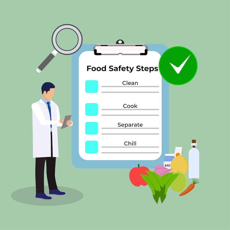 Vector organic food safety process concept with a flat character illustration doctor checking food for safety and writing notes food information notepad with organic food and magnifying glass vector