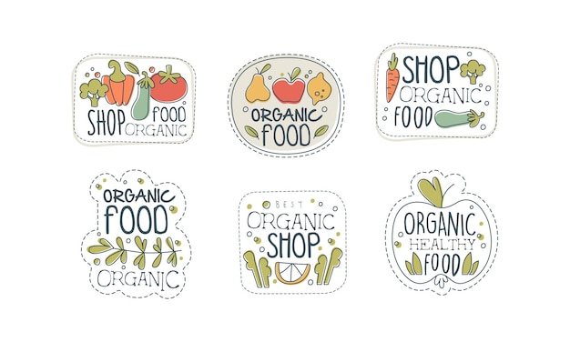 Вектор Этикетки магазинов органических продуктов питания, набор эко-здоровых натуральных продуктов питания, значки, наклейки, фермерский рынок, вегетарианский магазин, дизайн, ручная векторная иллюстрация