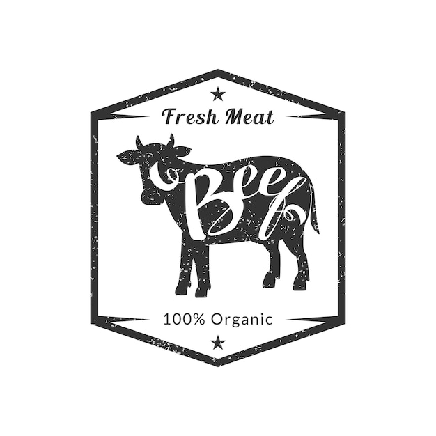 Вектор Образец логотипа органического свежего мяса высшего качества ретро крупного рогатого скота с коровой для мясного магазина