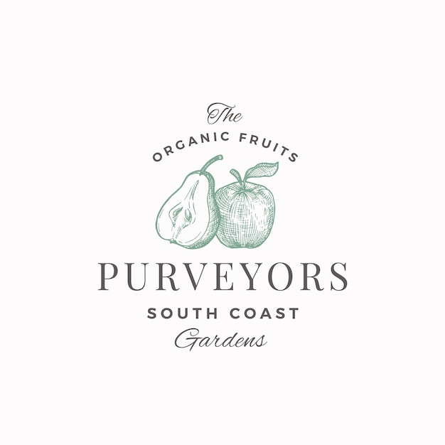 Organic fruits purveyors abstract  sign, symbol or logo template. half of pear and apple with leaf sillhouettes sketch with elegant retro typography. vintage luxury emblem.