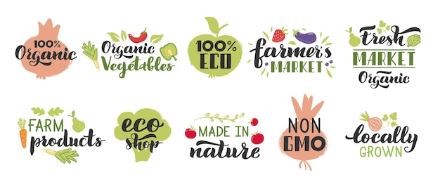 organic fruits and veggies labels vegetarian fruits vegetables lettering badges fresh ecological products