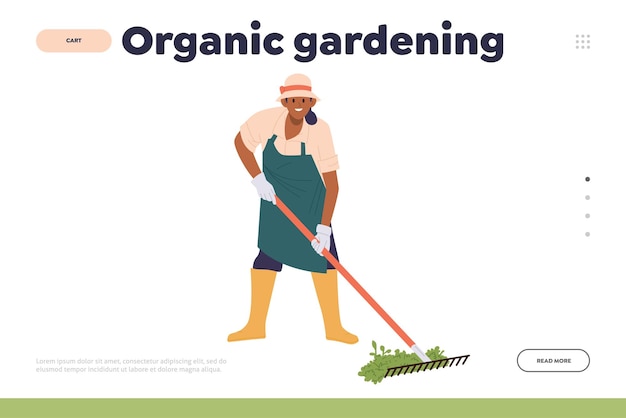 オーガニックガーデニングのコンセプト ランディングページデザインのテンプレート 環境保護活動を促進する 園芸家が果樹園や裏庭でレークを使って働く幸せな女性