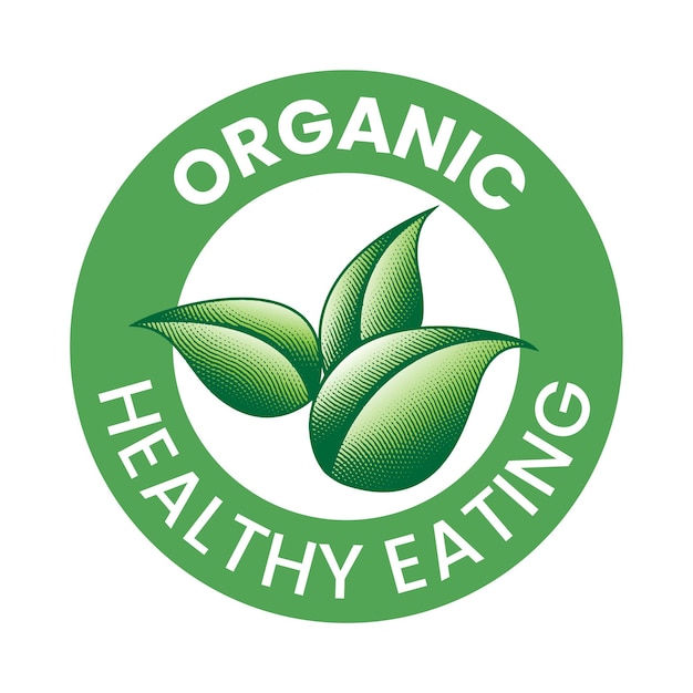 Organic Healthy Eating Round Icon with Green Leaves