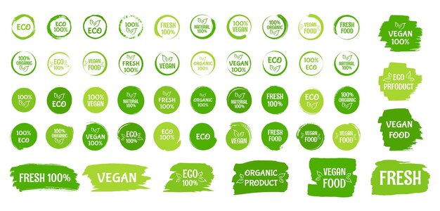 Набор этикеток и эмблем органических здоровых экопродуктов свежая веганская еда векторная иллюстрация