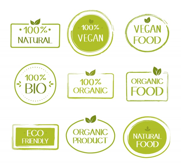 Vettore etichette di alimenti biologici vegani sani. collezione di adesivi per alimenti naturali, freschi e biologici. grafica vettoriale