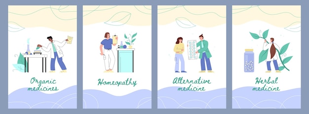 Organic herbal medicine and homeopathy banners flat vector illustration