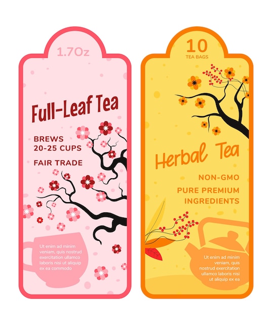 Emblemi o etichette di tè a base di erbe biologiche a foglie intere